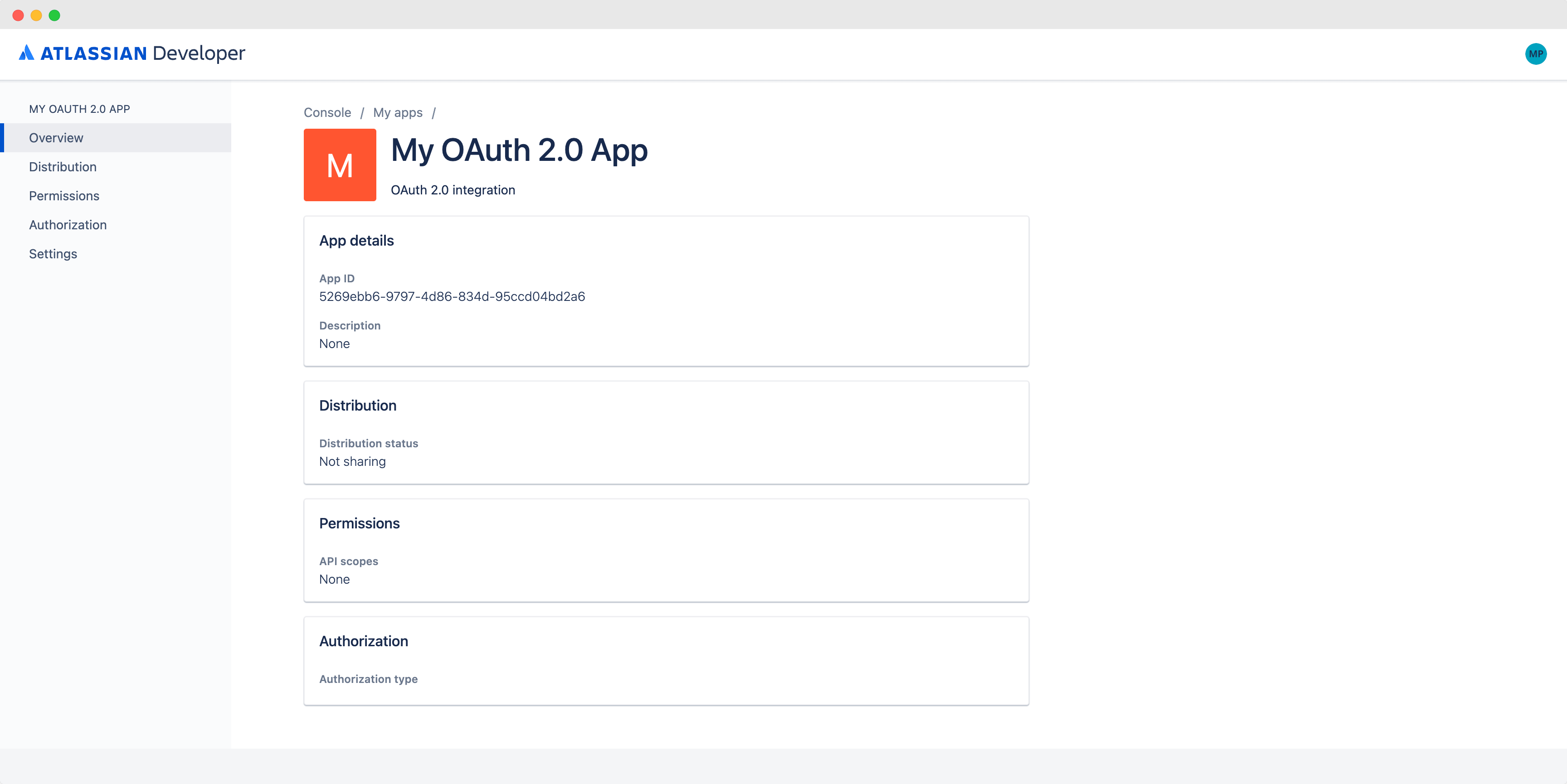 Atlassian OAuth 2.0 app page
