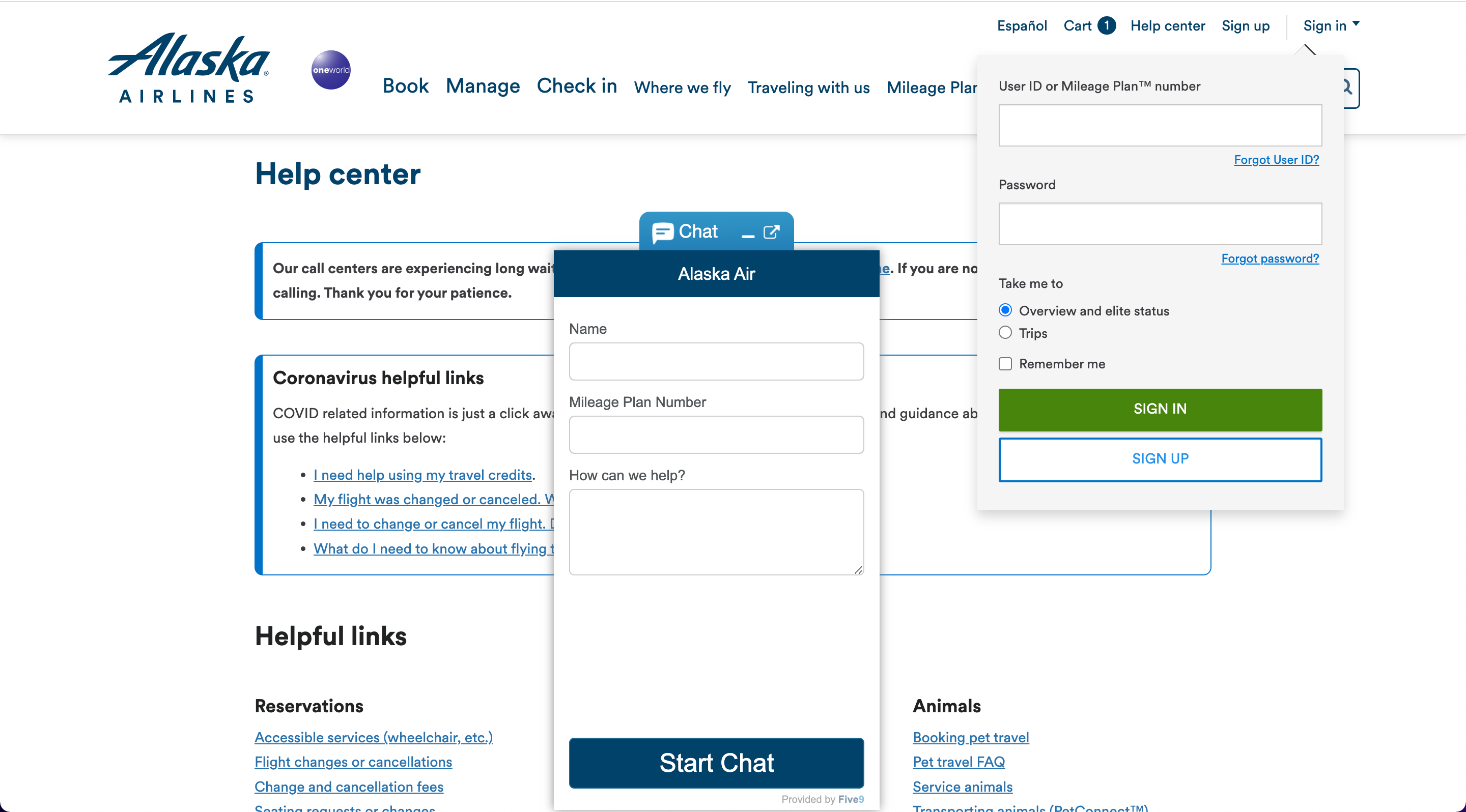 Alaska Airlines chat widget vs sign-in form
