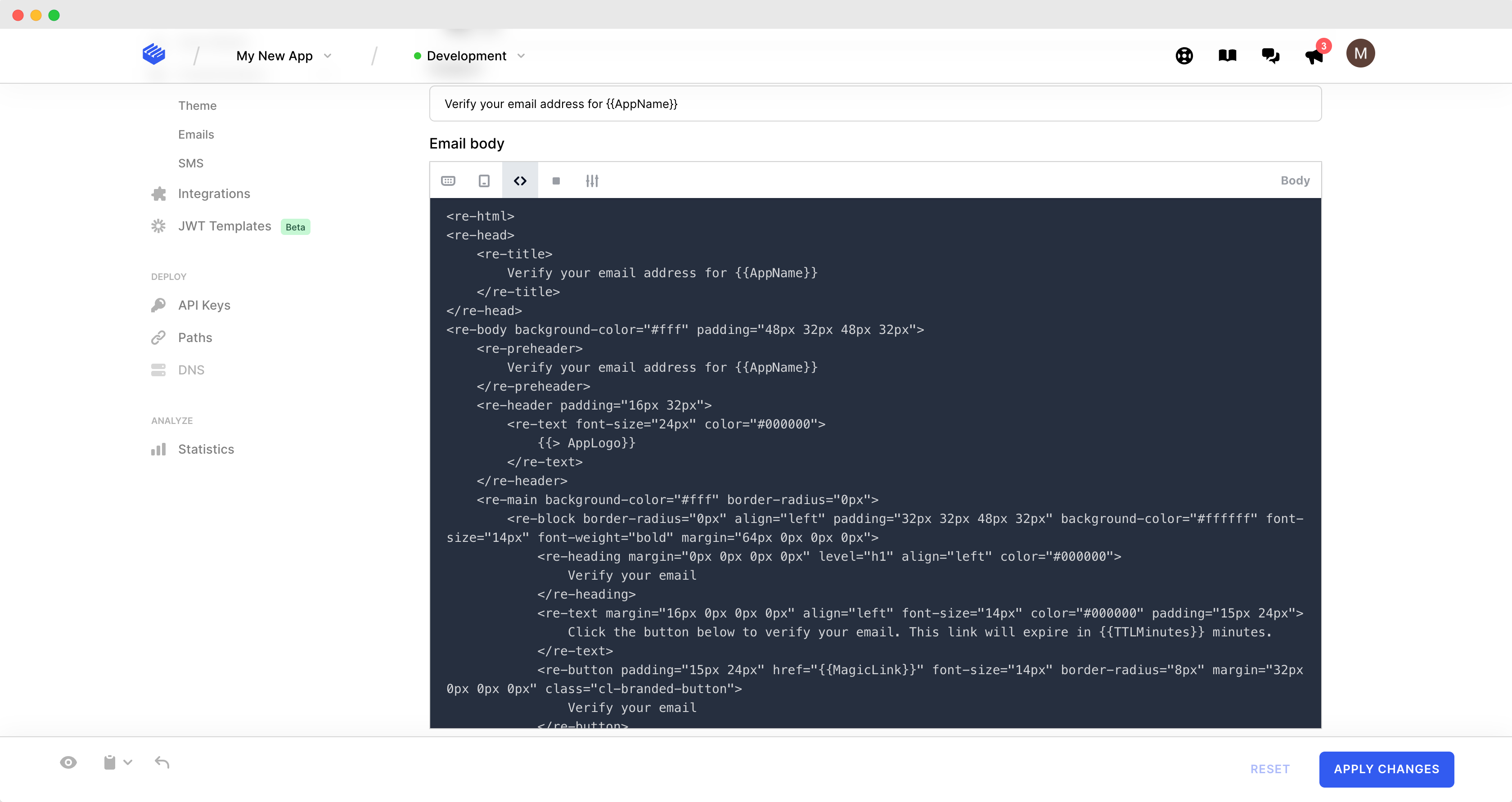 The email editor in html view mode