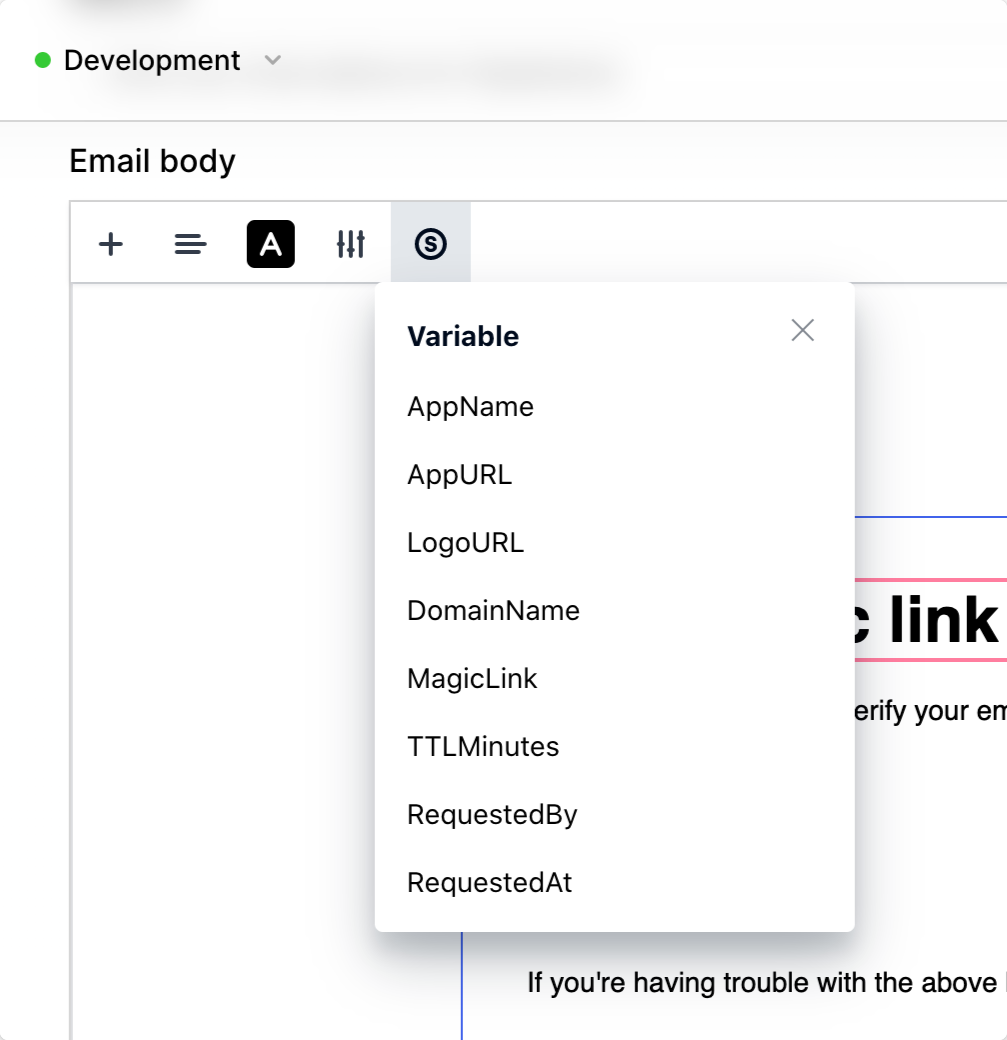 Variable insertion widget for the email editor